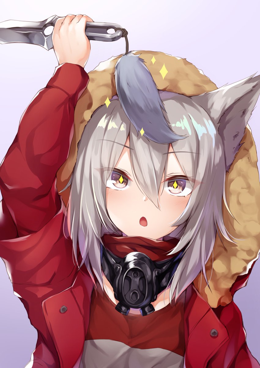 +_+ 1girl :o animal_ears arknights arm_up fur-trimmed_hood fur_trim grey_eyes grey_shirt hair_between_eyes highres holding holding_knife hood hood_up hooded_jacket jacket knife long_hair long_sleeves mask mask_around_neck open_clothes open_jacket open_mouth projekt_red_(arknights) purple_background red_jacket shirt solo tail upper_body wolf_ears wolf_girl wolf_tail yuki_kawachi