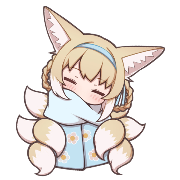 1girl =_= animal_ear_fluff animal_ears arknights bangs blanket blue_hairband blue_ribbon blush braid chibi closed_eyes facing_viewer floral_print fox_ears fox_girl fox_tail full_body hair_rings hairband head_tilt kyuubi light_brown_hair lxjun_09 multiple_tails ribbon simple_background solo suzuran_(arknights) tail twin_braids white_background