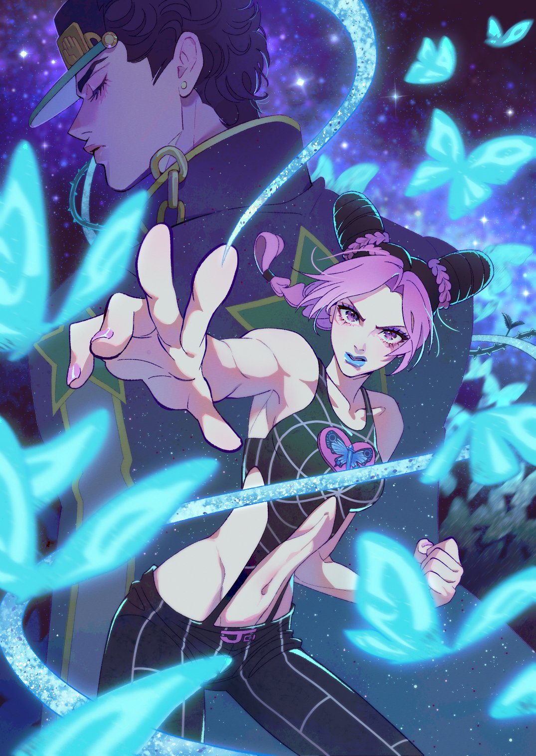 1boy 1girl abs arm_up back_turned black_hair black_headwear black_pants blonde_hair blue_butterfly blue_lips braid bug butterfly clenched_hand closed_eyes double_bun eyelashes eyeshadow green_shirt hair_bun hand_to_own_mouth highres jojo_no_kimyou_na_bouken kujo_jolyne kujo_jotaro lipstick looking_at_viewer makeup multicolored_hair muscular muscular_female nail nail_polish pants parted_lips pink_hair pink_nails purple_background shirt solo soorin stone_ocean