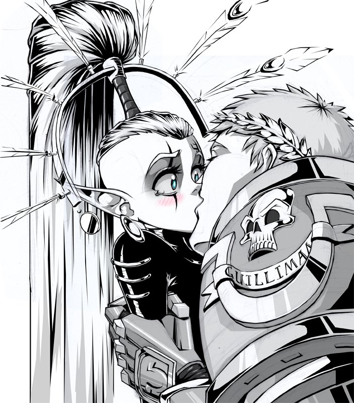 1boy 1girl armor blue_eyes blush earrings eldar facial_mark feathers greyscale hetero interspecies jewelry kiss lewdanon long_hair monochrome pointy_ears primarch roboute_guilliman size_difference spot_color tears warhammer_40k yvraine