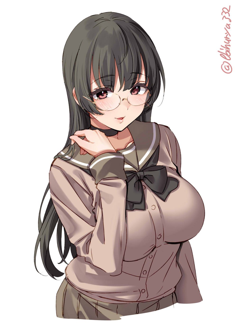1girl alternate_costume black_hair blush breasts brown_skirt buttons choukai_(kancolle) ebifurya glasses highres kantai_collection large_breasts long_hair long_sleeves open_mouth pleated_skirt red_eyes rimless_eyewear school_uniform simple_background skirt smile solo twitter_username upper_body white_background