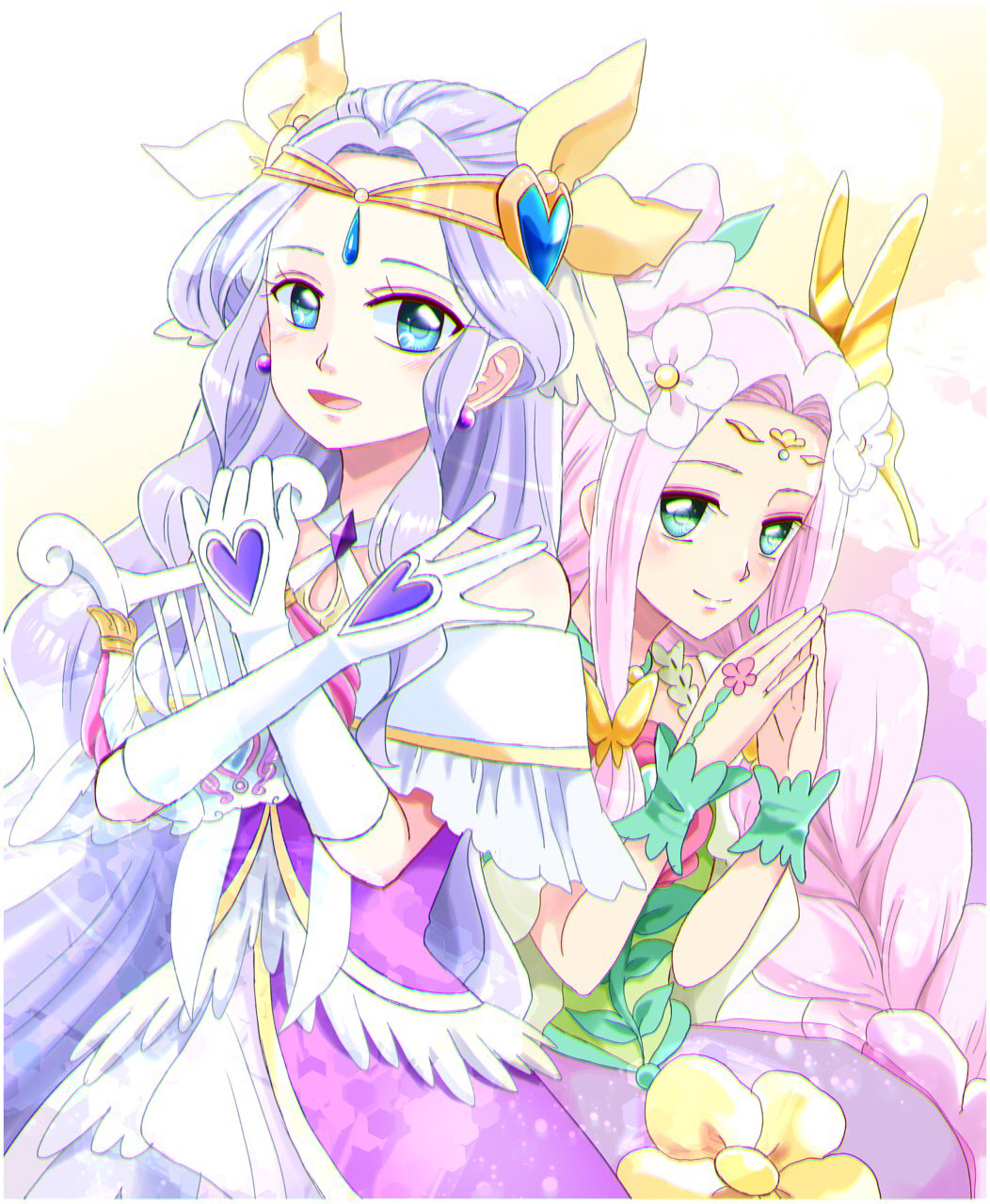 2girls butterfly_hair_ornament choker cure_earth cure_felice dress earrings earth_windy_harp elbow_gloves flower_in_eye frills fuurin_asumi gloves gradient gradient_background green_choker green_shirt hair_ornament hanami_kotoha head_wings healin'_good_precure highres jewelry komanana320 leaf_earrings magical_girl mahou_girls_precure! multiple_girls pink_hair pink_skirt precure puffy_short_sleeves puffy_sleeves purple_dress shirt short_sleeves skirt symbol_in_eye tiara white_gloves yellow_background