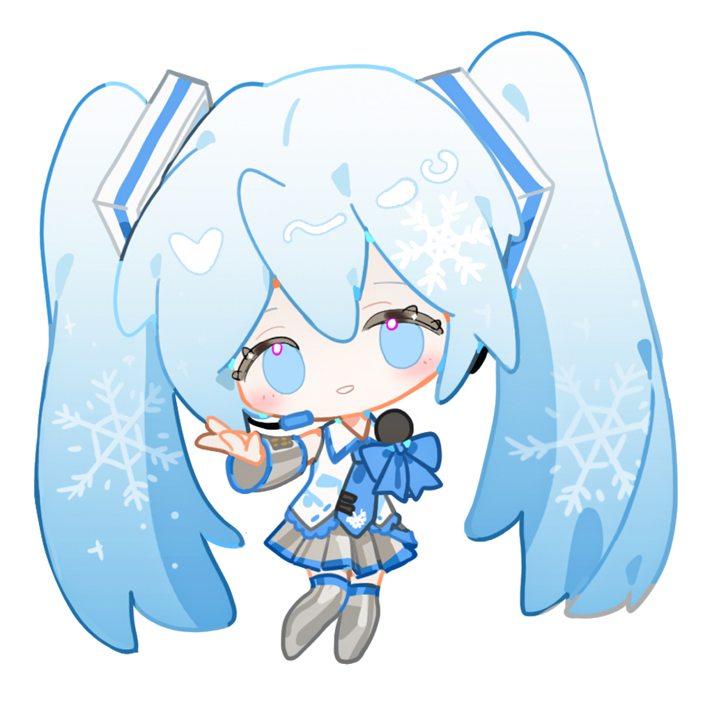 1girl bangs blue_eyes blue_hair blue_necktie blush chibi chinese_commentary detached_sleeves full_body gradient_hair grin hatsune_miku headset holding holding_microphone indai_(3330425) light_blue_hair microphone multicolored_hair necktie no_pupils smile snowflakes solo standing twintails vocaloid yuki_miku yuki_miku_(2010)