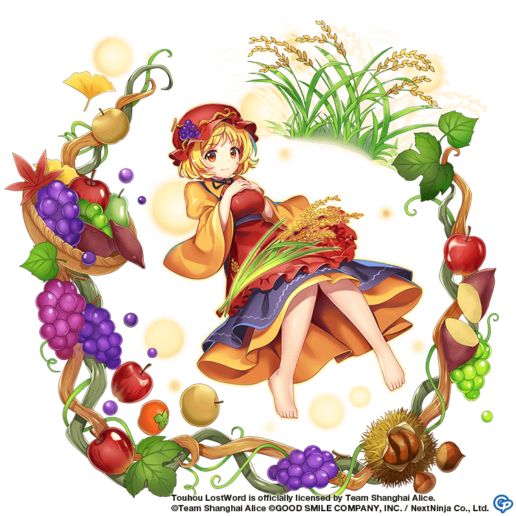 1girl aki_minoriko apple apron autumn_leaves bare_legs barefoot black_skirt blonde_hair breasts chestnut closed_mouth collared_shirt food frilled_apron frills fruit full_body grape_hat_ornament grapes happy hat juliet_sleeves leaf long_sleeves looking_at_viewer medium_breasts mob_cap neck_ribbon official_art orange_shirt pear petticoat puffy_sleeves red_apron red_headwear ribbon rotte_(1109) shirt skirt smile solo suspender_skirt suspenders sweet_potato toes touhou touhou_lost_word vegetable wheat wide_sleeves yellow_eyes