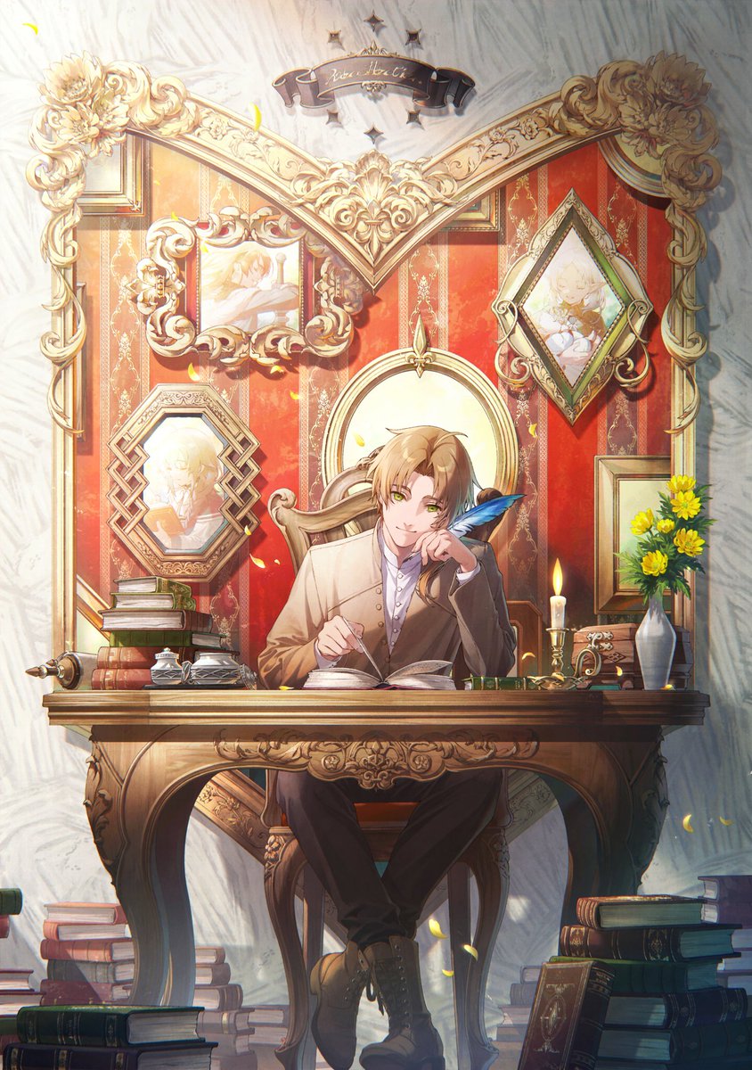 1boy book boots brown_hair candle candlestand chair closed_mouth eris_greyrat flower green_eyes hand_on_own_face highres lit_candle mushoku_tensei official_art photo_(object) picture_frame quill reading roxy_migurdia rudeus_greyrat scroll shirotaka_(5choume) shirt sitting smile sylphiette_(mushoku_tensei) table vase
