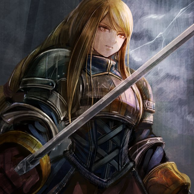 1girl agrias_oaks armor blonde_hair braid braided_ponytail brown_eyes closed_mouth clouds final_fantasy final_fantasy_tactics gloves knight long_hair rain single_braid solo sushi_(sashimise) sword thunder weapon wet