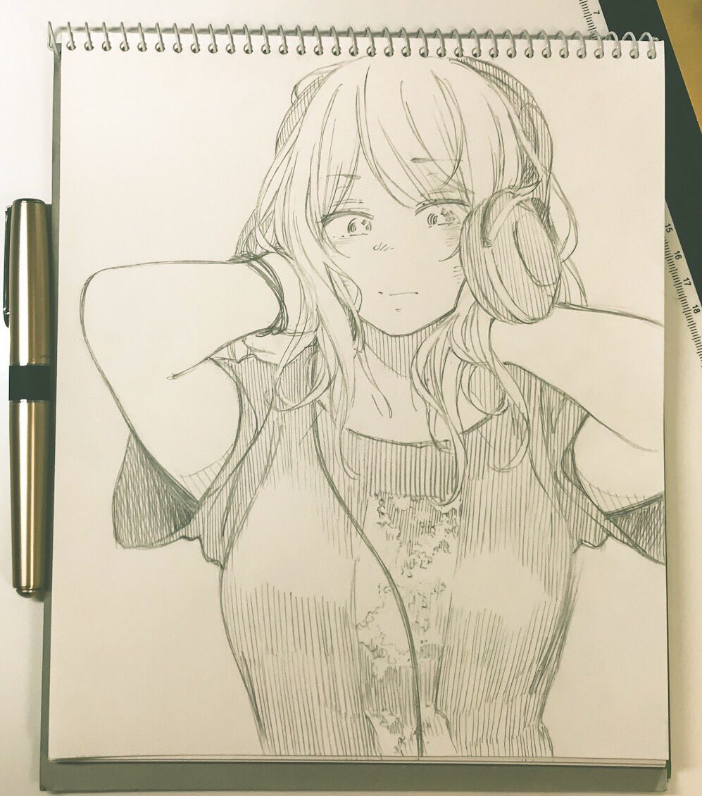 1girl arms_up bangs bracelet breasts closed_mouth headphones jewelry long_hair looking_at_viewer medium_breasts monochrome nieki_zui original pen pen_(medium) photo_(medium) shirt short_sleeves sketchbook solo t-shirt traditional_media upper_body