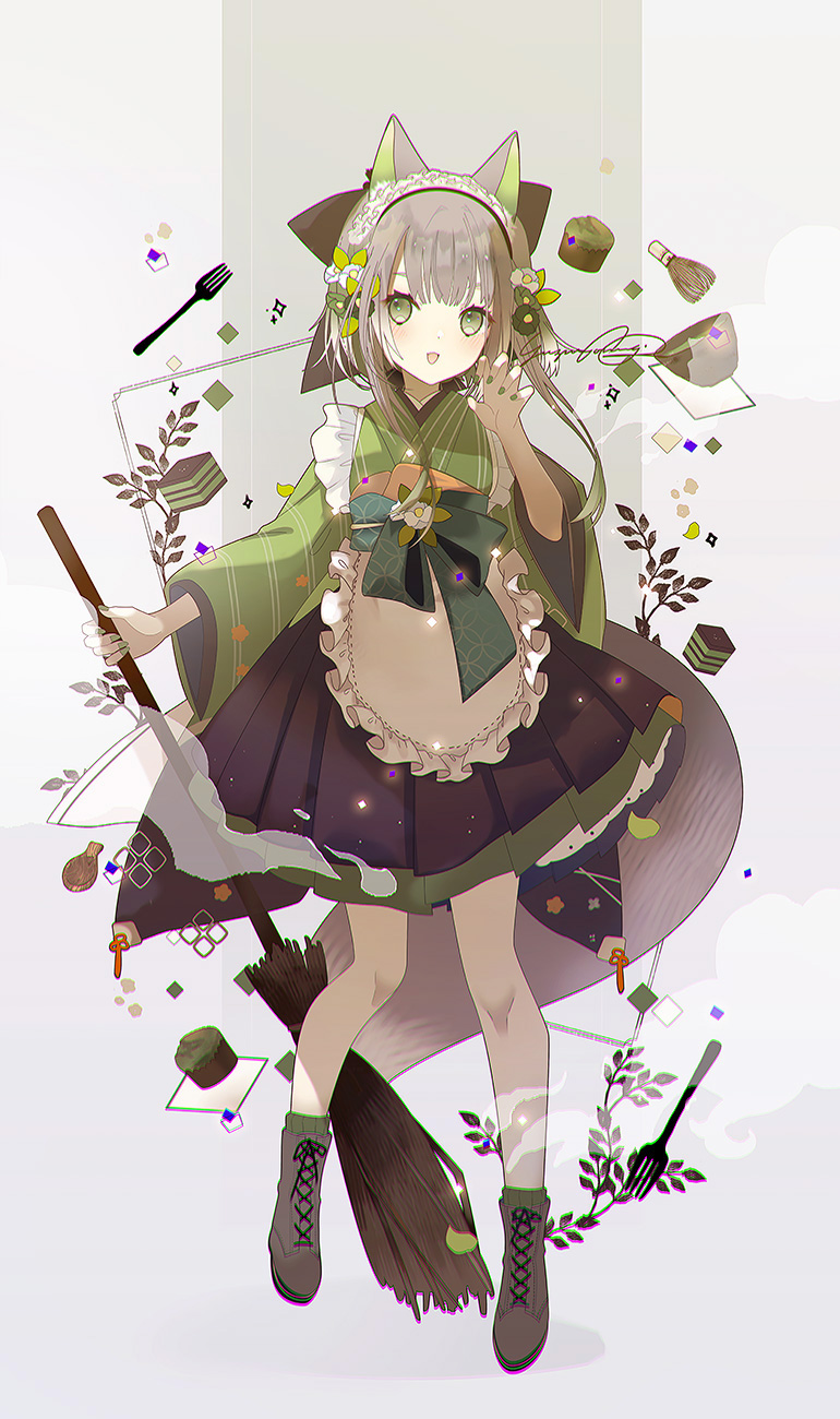 1girl :d apron black_skirt boots broom brown_footwear brown_hair claw_pose commentary_request cross-laced_footwear eyebrows_hidden_by_hair fork frilled_apron frills green_eyes green_kimono green_nails green_socks grey_background hand_up highres holding holding_broom japanese_clothes kimono lace-up_boots long_sleeves looking_at_viewer nail_polish obi original pantyhose pleated_skirt ribbed_socks sash skirt smile socks solo two-tone_background white_apron white_pantyhose wide_sleeves yuzuyomogi
