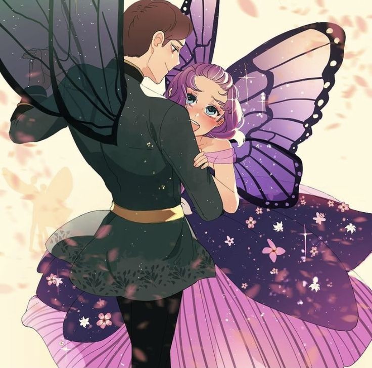 1boy 1girl :d artist_request barbie_(franchise) barbie_mariposa_(film_series) barbie_movies blue_eyes blush brown_hair butterfly_wings dancing dress embarrassed fairy fairy_wings floral_print formal gold_belt gown hair_pulled_back hetero non-web_source open_mouth overskirt prince prince_carlos print_dress purple_dress purple_hair see-through see-through_sleeves smile source_request sparkle suit surprised wide-eyed willa wings yellow_background
