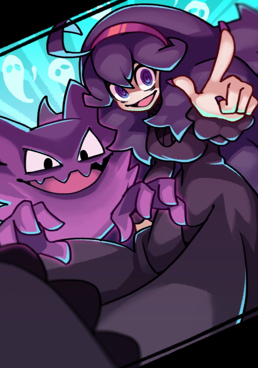 1girl :d @_@ ahoge bangs commentary dress hairband haunter hex_maniac_(pokemon) kurt_robinson long_hair long_sleeves looking_at_viewer nail_polish open_mouth pointing pokemon pokemon_(creature) pokemon_(game) pokemon_xy purple_hair purple_hairband purple_nails smile tongue