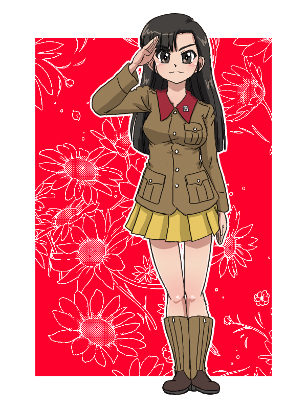 1girl asymmetrical_bangs bangs black_eyes black_hair boots border brown_footwear brown_jacket chi-hatan_military_uniform closed_mouth commentary floral_background full_body girls_und_panzer jacket knee_boots long_hair long_sleeves looking_at_viewer military military_uniform miniskirt nishi_kinuyo outline outside_border pleated_skirt red_background skirt smile solo standing straight_hair takahashi_kurage textless_version uniform white_border white_outline yellow_skirt
