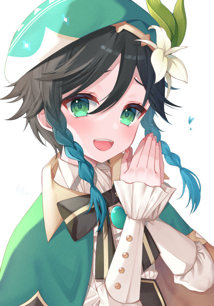 1boy androgynous bangs beret black_hair blue_hair blush braid buttons cape collared_cape collared_shirt flower frilled_sleeves frills genshin_impact gradient_hair green_cape green_eyes green_headwear hair_flower hair_ornament hat hat_flower heart itoi_toi juliet_sleeves long_sleeves looking_at_viewer multicolored_hair own_hands_together puffy_sleeves red_nails shirt short_hair_with_long_locks simple_background smile teeth twin_braids upper_body upper_teeth venti_(genshin_impact) white_background white_flower white_shirt