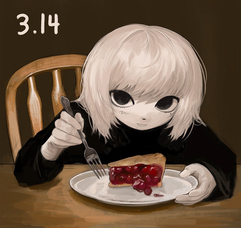 black_eyes black_sweater eating food fork grintasia holding holding_fork looking_at_viewer mole mole_under_eye non-web_source on_chair original pie sweater white_hair wooden_chair