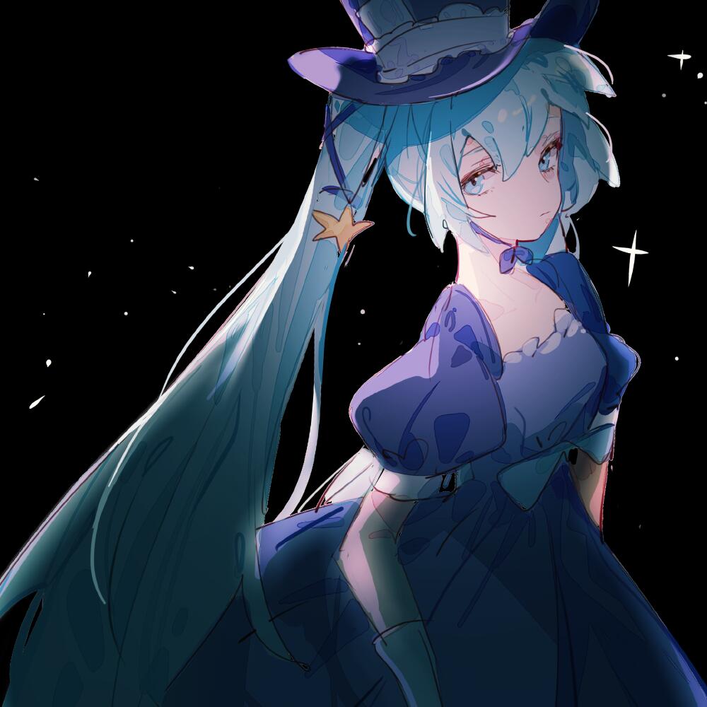 1girl bangs black_background blue_dress blue_eyes blue_hair chinese_commentary closed_mouth commentary dress expressionless hat hatsune_miku indai_(3330425) long_hair looking_at_viewer magical_mirai_miku magical_mirai_miku_(2013) puffy_short_sleeves puffy_sleeves short_sleeves sideways_glance simple_background solo star_(symbol) top_hat twintails very_long_hair vocaloid