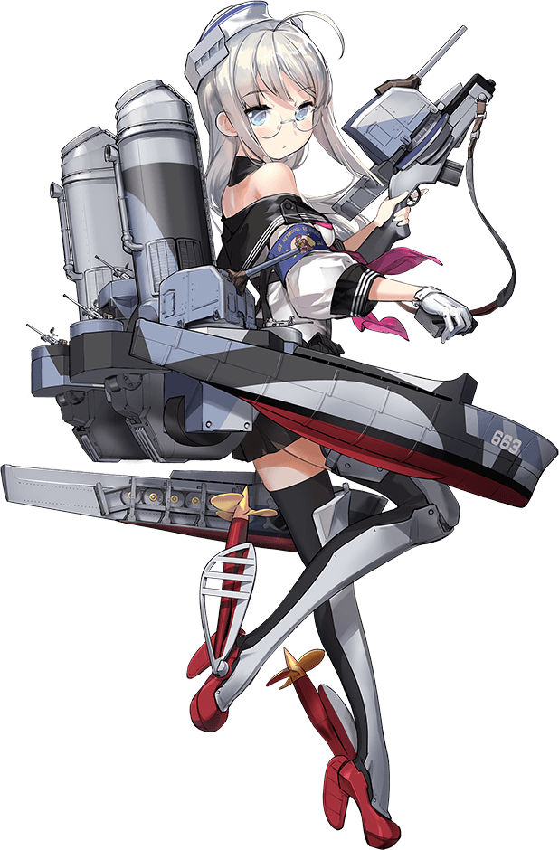 1girl ahoge black_thighhighs blue_eyes blush closed_mouth full_body glasses gloves grey_hair hat heywood_l._edwards_(kancolle) kantai_collection long_hair long_sleeves machinery off-shoulder_shirt off_shoulder official_art rigging rudder_footwear school_uniform shirt single_glove smokestack solo thigh-highs transparent_background turret white_gloves white_headwear white_shirt zeco