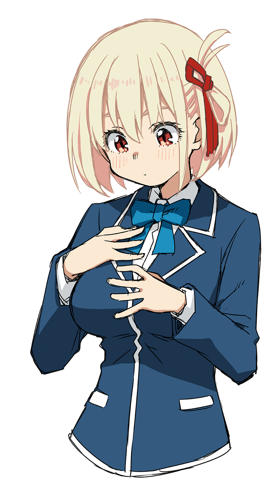 1girl blazer blonde_hair blue_bow blue_bowtie blue_jacket blush bob_cut bow bowtie breasts collared_shirt cosplay cropped_torso hair_ribbon highres jacket kono_bijutsubu_niwa_mondai_ga_aru! large_breasts lycoris_recoil nishikigi_chisato red_eyes red_ribbon ribbon school_uniform shirt short_hair simple_background solo tamori_tadaji upper_body usami_mizuki usami_mizuki_(cosplay) white_background white_shirt