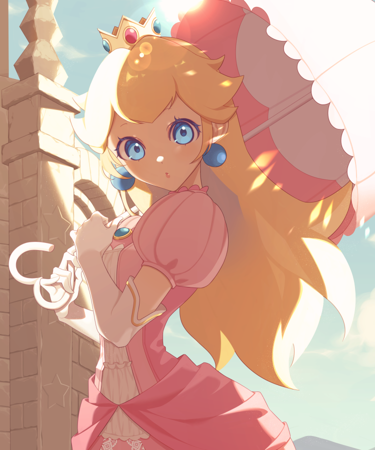 bad_link blonde_hair blue_eyes cherryjelly crown dress earrings gloves holding holding_umbrella jewelry lipstick long_hair looking_at_viewer makeup miri_(cherryjelly) parasol pink_dress pink_lips princess_peach solo super_mario_bros. umbrella white_gloves