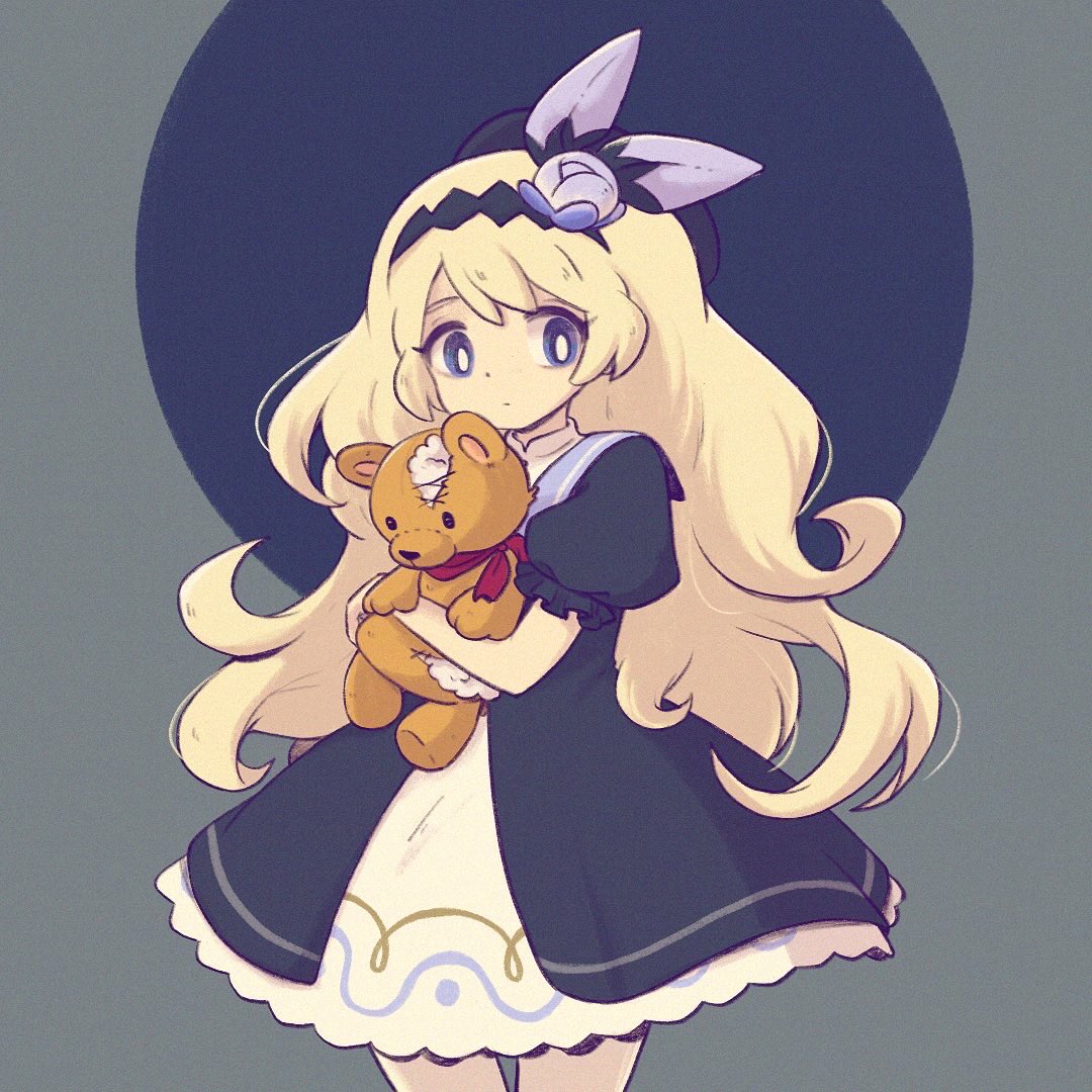 1girl bangs black_dress blonde_hair bow cowboy_shot dragalia_lost dress hair_bow hair_ornament hat holding holding_stuffed_toy lathna long_hair looking_at_viewer puffy_short_sleeves puffy_sleeves short_sleeves simple_background solo stuffed_animal stuffed_toy teddy_bear torn violet_eyes youkaishain