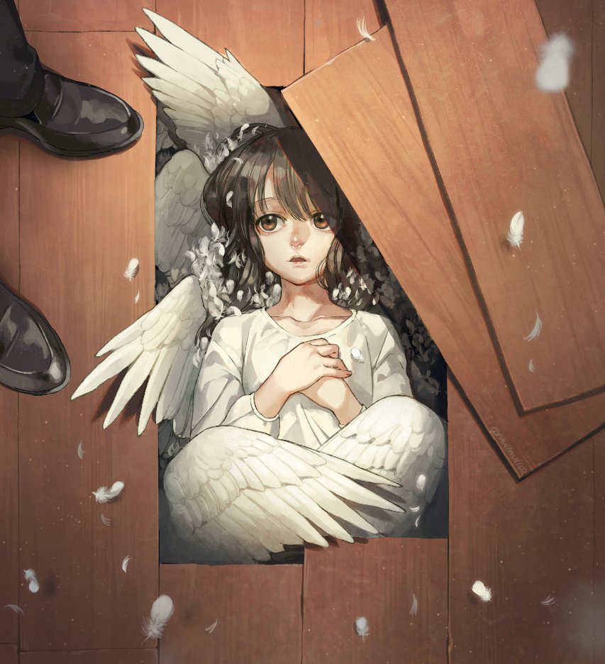 1girl angel angel_wings black_footwear brown_background brown_eyes brown_hair commentary feathered_wings feathers hands_on_own_chest indoors long_hair long_sleeves looking_to_the_side lying mullmull02 multiple_wings on_back open_mouth original shirt solo_focus symbol-only_commentary upper_body white_feathers white_shirt white_wings wings wooden_floor