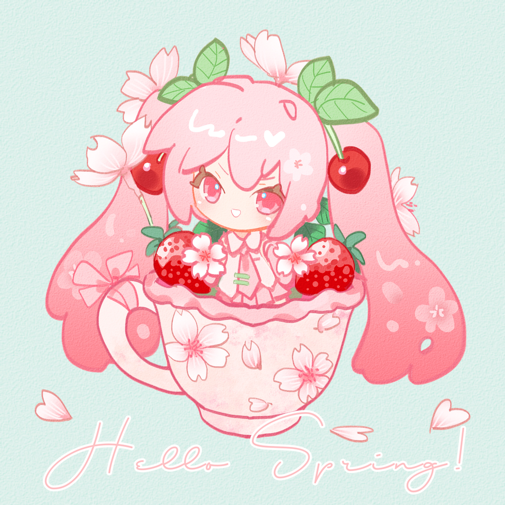 1girl absurdly_long_hair cherry_blossoms cherry_hair_ornament chibi commentary cup english_commentary food food-themed_hair_ornament fruit grin hair_ornament hatsune_miku in_container in_cup indai_(3330425) leaf_hair_ornament long_hair oversized_food oversized_object pink_eyes pink_hair sakura_miku smile solo strawberry v-shaped_eyebrows very_long_hair vocaloid