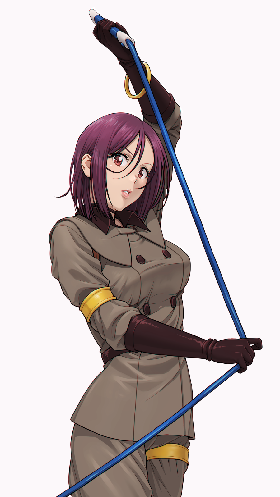 1girl breasts elbow_gloves gloves highres holding holding_weapon holding_whip kuromorimine_military_uniform long_sleeves looking_at_viewer military military_uniform nigou red_eyes short_hair snk the_king_of_fighters the_king_of_fighters_'99 uniform weapon whip whip_(kof)