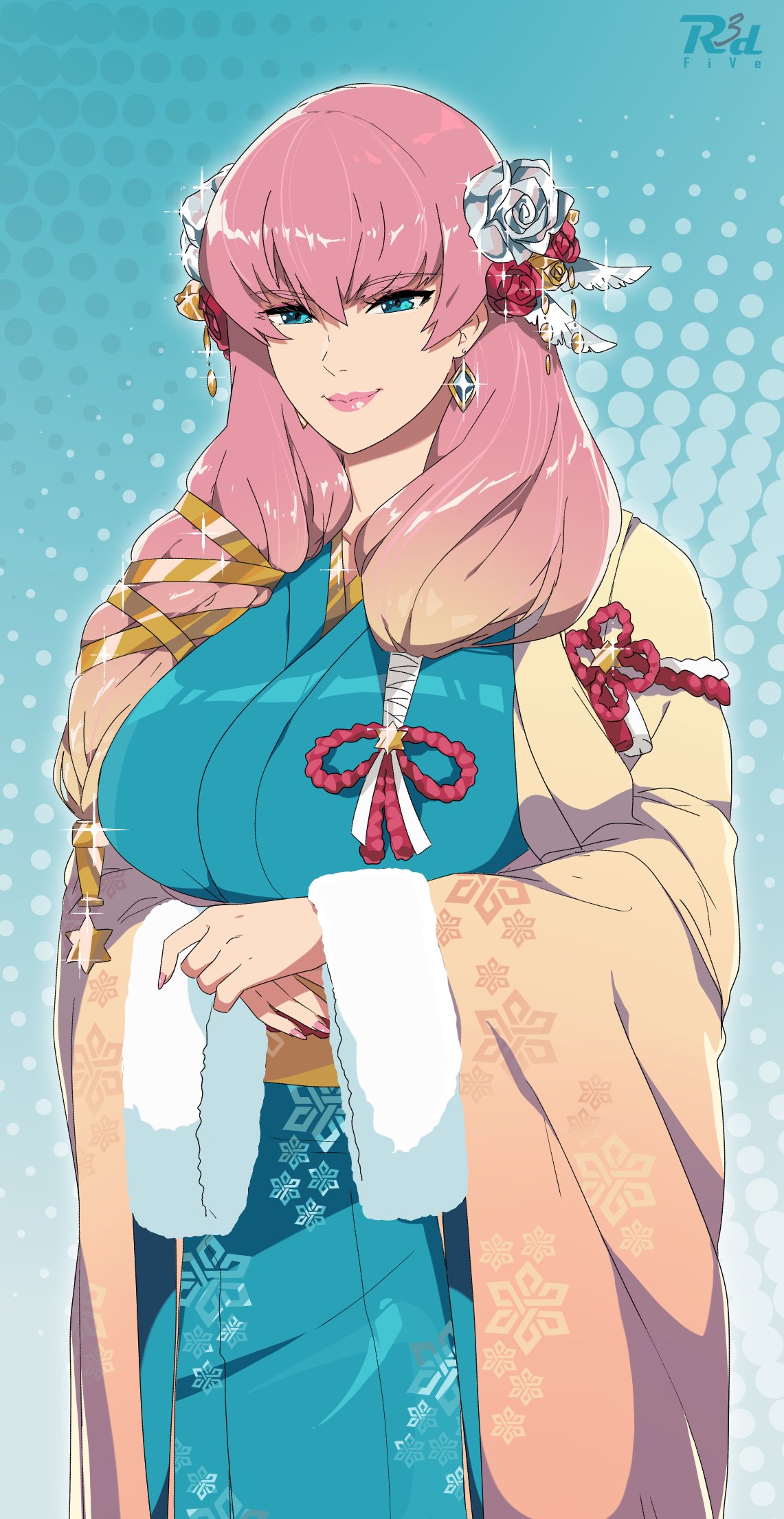 1girl blue_eyes blue_kimono breasts coat earrings fire_emblem fire_emblem_heroes flower fur-trimmed_sleeves fur_trim gunnthra_(fire_emblem) hair_flower hair_ornament hair_tie half-closed_eyes highres japanese_clothes jewelry kimono large_breasts lips lipstick makeup nail_polish official_alternate_costume own_hands_together pink_hair pink_lips pink_nails r3dfive smile solo watermark white_flower yellow_coat