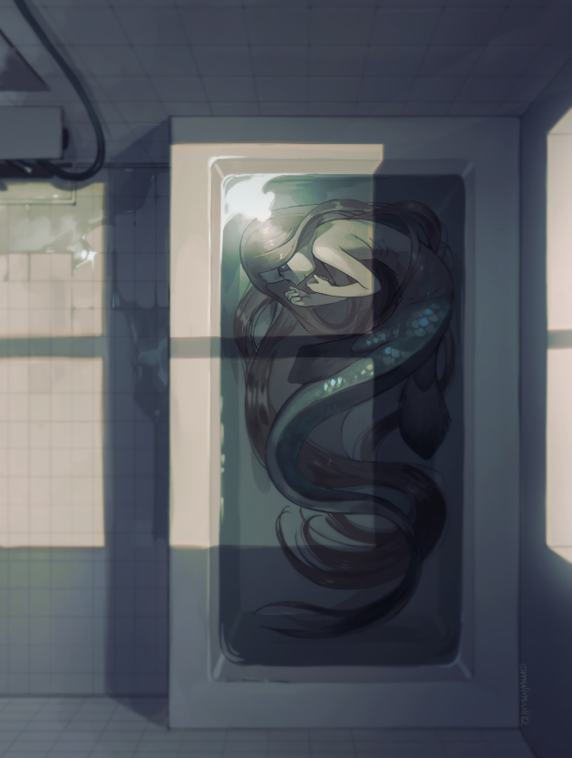 1girl bathroom bathtub black_eyes blue_pupils bright_pupils brown_hair closed_mouth fins full_body gills glowing glowing_eyes indoors long_hair looking_at_viewer lying mermaid monster_girl mullmull02 on_side original scales solo submerged tile_floor tile_wall tiles very_long_hair water window