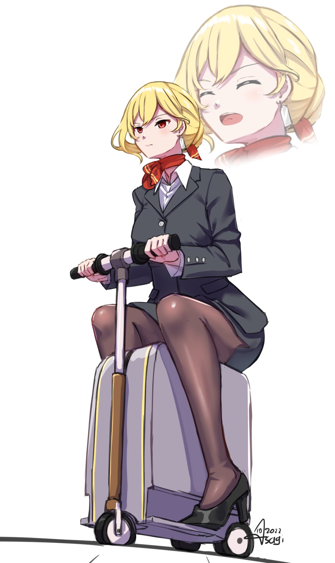 1girl as4gi bangs blonde_hair flight_attendant gloves high_heels highres hololive hololive_indonesia kaela_kovalskia medium_hair pantyhose pencil_skirt red_eyes rolling_suitcase scarf shirt skirt smile solo travel_attendant uniform virtual_youtuber