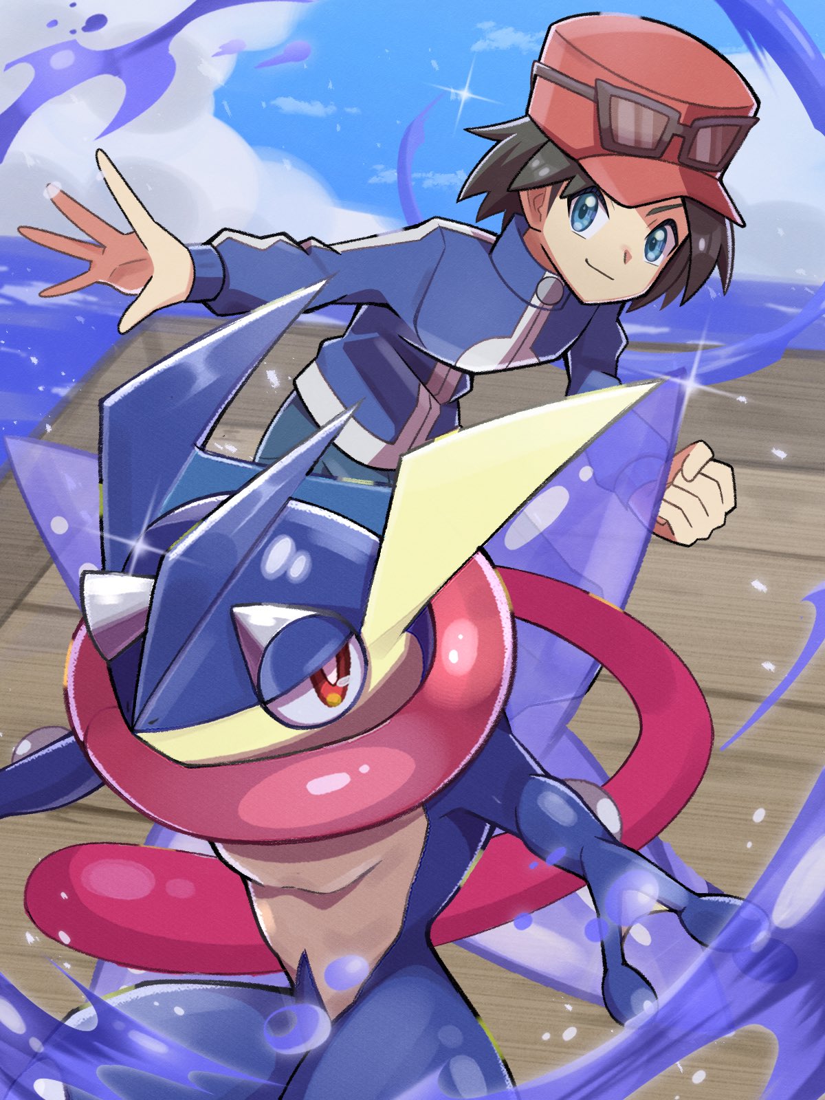 1boy black_hair blue_eyes blue_jacket blue_skin calem_(pokemon) clenched_hand clouds colored_skin day eyewear_on_head greninja hat highres inana_umi jacket looking_at_viewer male_focus pokemon pokemon_(creature) pokemon_(game) pokemon_xy red_eyes sky smile sparkle standing sunglasses