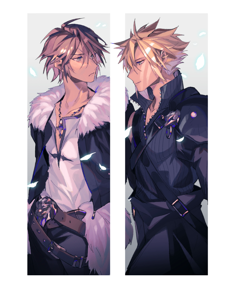 2boys armor belt black_jacket black_shirt blonde_hair border brown_hair chain_necklace chest_strap cloud_strife cowboy_shot cropped_jacket earrings falling_petals final_fantasy final_fantasy_vii final_fantasy_vii_advent_children final_fantasy_viii fur_trim grey_background hair_between_eyes high_collar jacket jewelry light_smile looking_at_another male_focus multiple_belts multiple_boys necklace open_collar petals pokashi scar scar_on_face scar_on_forehead shirt short_hair shoulder_armor single_bare_shoulder single_earring single_sleeve sleeveless sleeveless_turtleneck spiky_hair squall_leonhart turtleneck waist_cape white_border white_shirt