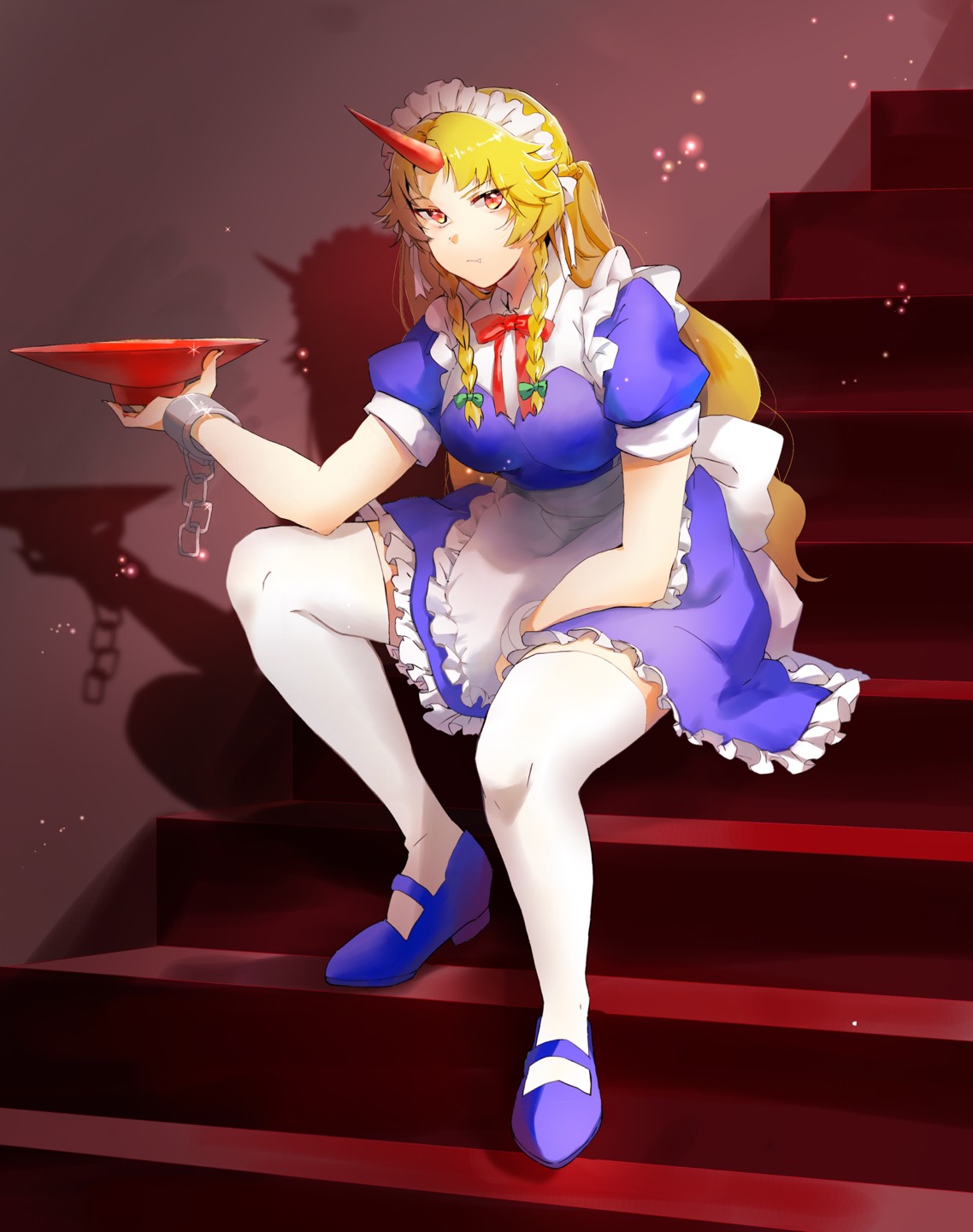 alternate_costume apron back_bow bangs blonde_hair blue_dress blue_footwear bow breasts chain collared_dress commentary_request cuffs cup dress enmaided frilled_apron frilled_dress frills full_body highres horns hoshiguma_yuugi k_koba long_hair maid maid_apron mary_janes medium_breasts neck_ribbon official_alternate_costume orange_eyes parted_bangs puffy_short_sleeves puffy_sleeves red_horns red_ribbon ribbon sakazuki shackles shoes short_sleeves single_horn sitting sitting_on_stairs stairs star_(symbol) thigh-highs touhou touhou_lost_word waist_apron waist_bow white_apron white_bow white_thighhighs