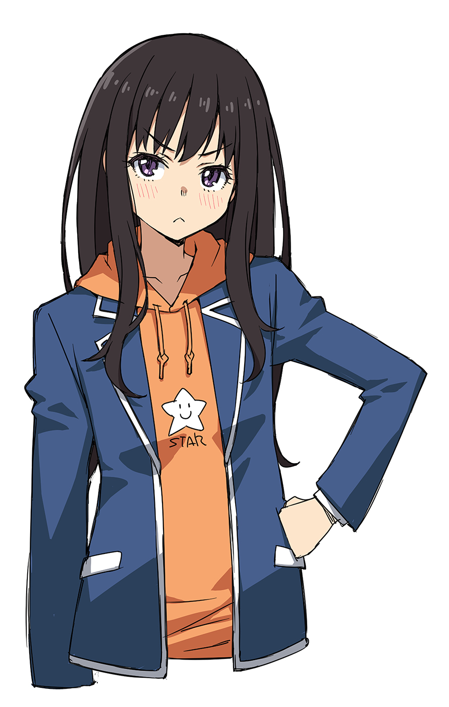 1girl :&lt; bangs black_hair blazer blue_jacket blush cosplay cropped_torso drawstring hand_on_hip highres hood hoodie inoue_takina jacket kono_bijutsubu_niwa_mondai_ga_aru! long_hair long_sleeves lycoris_recoil open_clothes open_jacket orange_hoodie school_uniform simple_background solo star_(symbol) tamori_tadaji uchimaki_subaru uchimaki_subaru_(cosplay) upper_body violet_eyes white_background