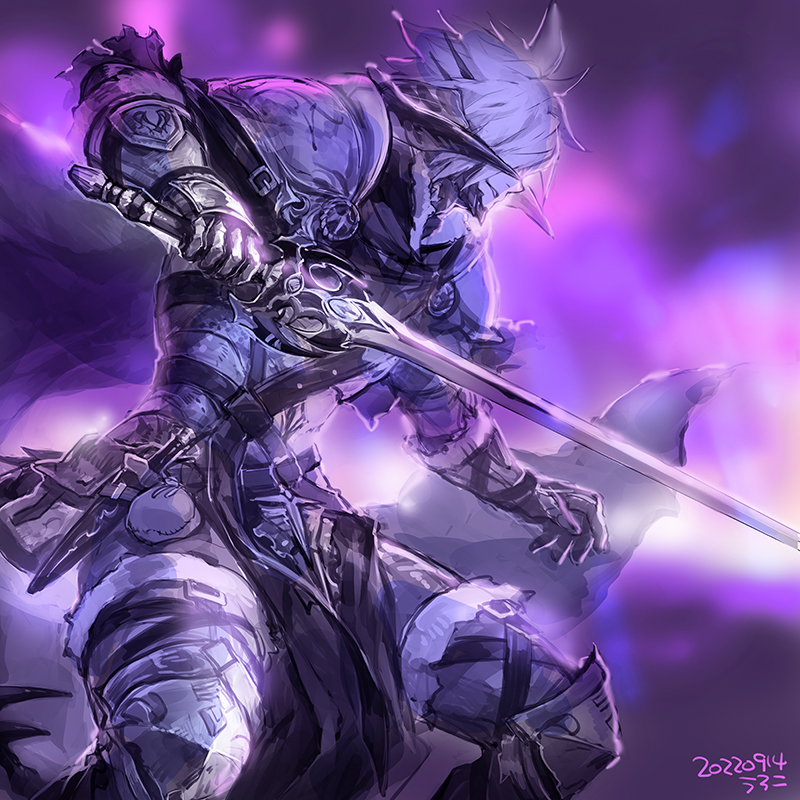 1boy armor au_ra avatar_(ff14) backlighting bangs belt belt_pouch cape commentary covered_eyes dated dragon_boy dragon_horns dragon_tail feet_out_of_frame fighting_stance final_fantasy final_fantasy_xiv from_side fur-trimmed_cape fur_trim gauntlets greaves hair_over_eyes holding holding_sword holding_weapon horns legs_apart male_focus outstretched_arm parted_lips pauldrons pouch profile purple_background purple_cape purple_theme scales short_hair shoulder_armor signature smile solo spiky_hair standing sword tail uroko_(mnr) weapon white_hair