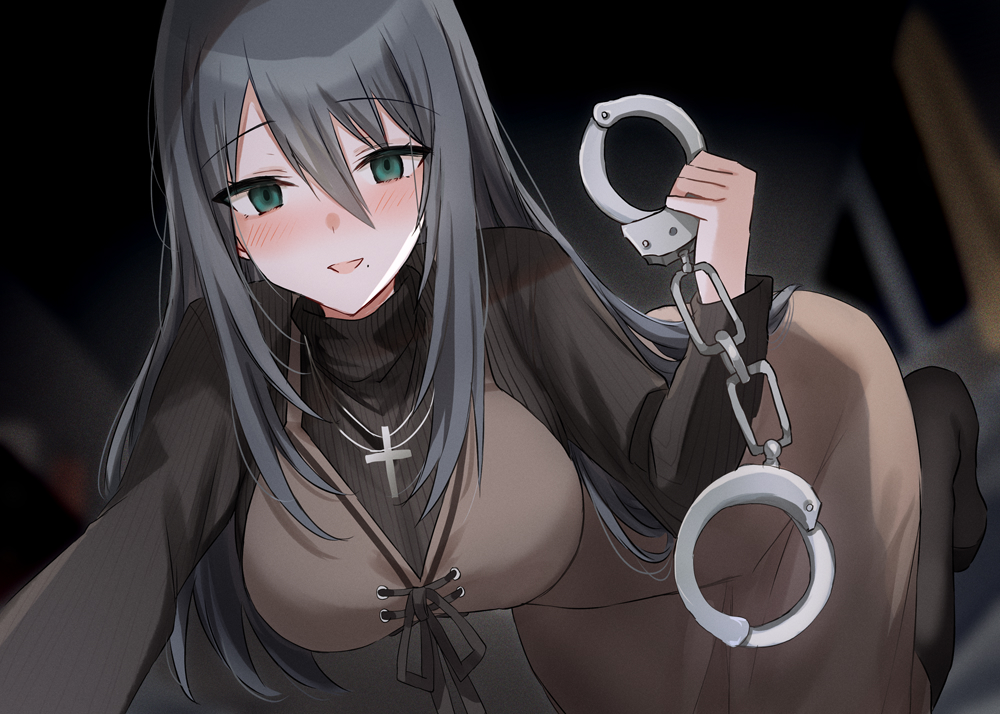 1girl :d all_fours bangs black_hair black_pantyhose black_shirt blurry blurry_background blush breasts brown_dress commentary_request cuffs depth_of_field dress green_eyes hair_between_eyes handcuffs holding kinona long_hair long_sleeves looking_at_viewer medium_breasts mole mole_under_mouth no_shoes original pantyhose ribbed_shirt shirt sleeveless sleeveless_dress smile solo turtleneck very_long_hair