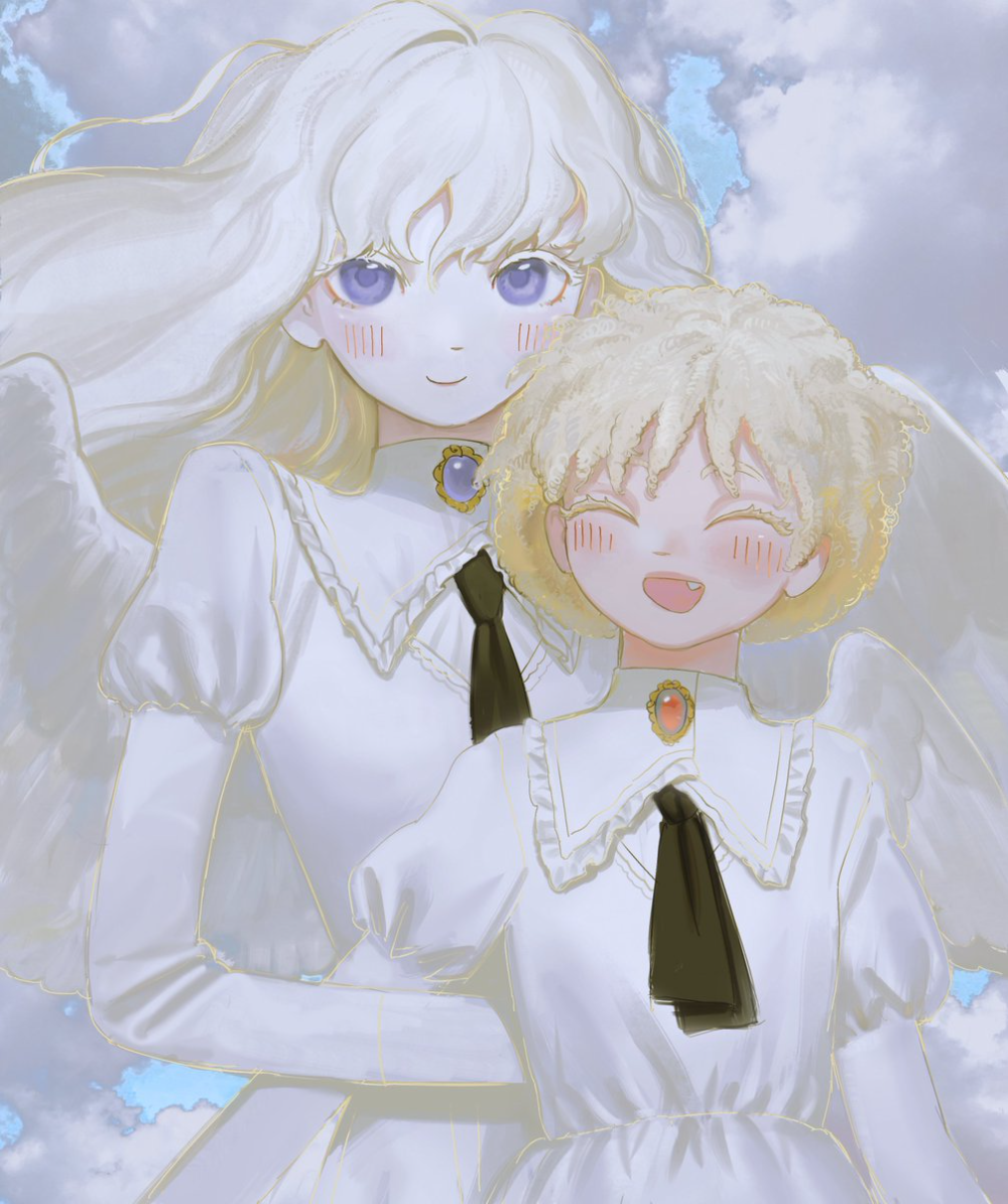 2girls albino angel angel_wings blonde_hair blue_eyes blue_sky clouds cloudy_sky collared_dress colored_eyelashes dress grintasia jewelry lace_trim multiple_girls neck_ribbon non-web_source original pendant puffy_sleeves ribbon sky white_dress wings