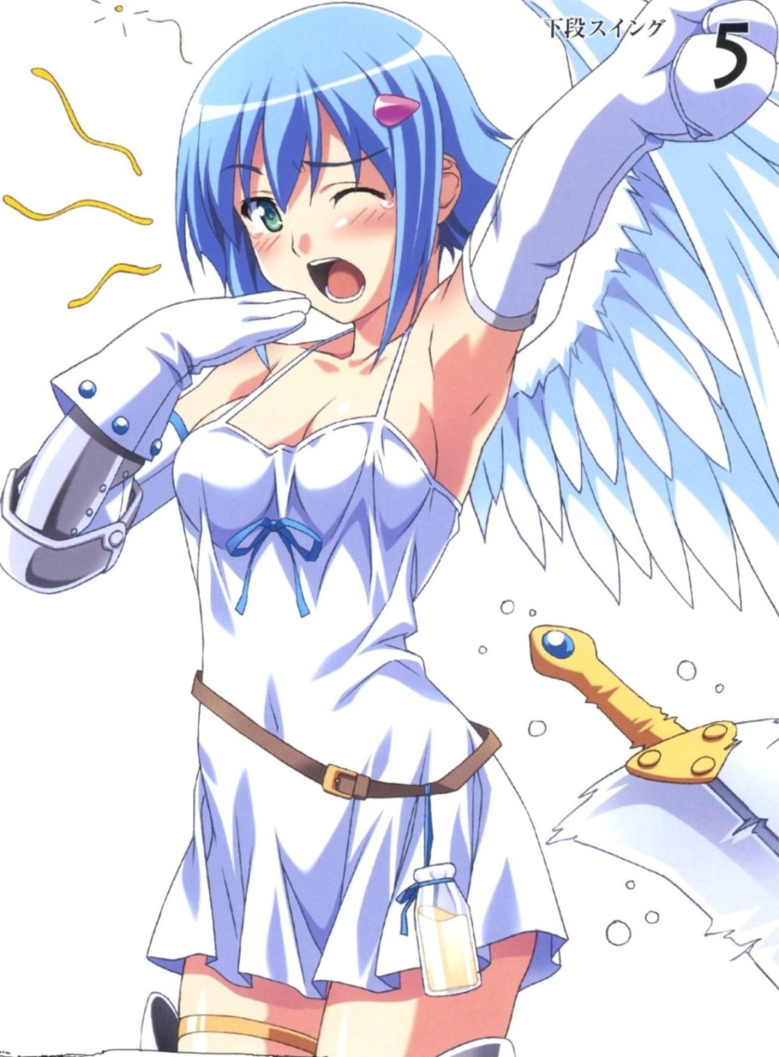 angel_wings armpits arms_up artbook asymmetrical_wings bare_shoulders blue_hair blush boots duplicate elbow_gloves gloves green_eyes highres kuuchuu_yousai miniskirt nanael panties queen's_blade queen's_blade scan short_hair skirt sword tears thighhighs underwear weapon wings yawning