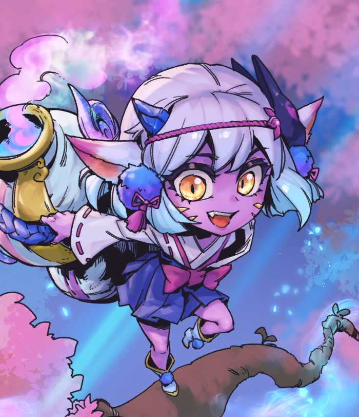 1girl :d bangs blue_skirt bow bowtie branch colored_skin facial_mark fang flower fog hair_flower hair_ornament holding holding_weapon horns league_of_legends long_sleeves mask mask_on_head mask_removed medium_hair miniskirt phantom_ix_row pink_bow pink_bowtie pink_skin pointy_ears ribbon-trimmed_sleeves ribbon_trim shiny shiny_hair skirt smile solo spirit_blossom_tristana teeth tongue tristana upper_teeth weapon yordle