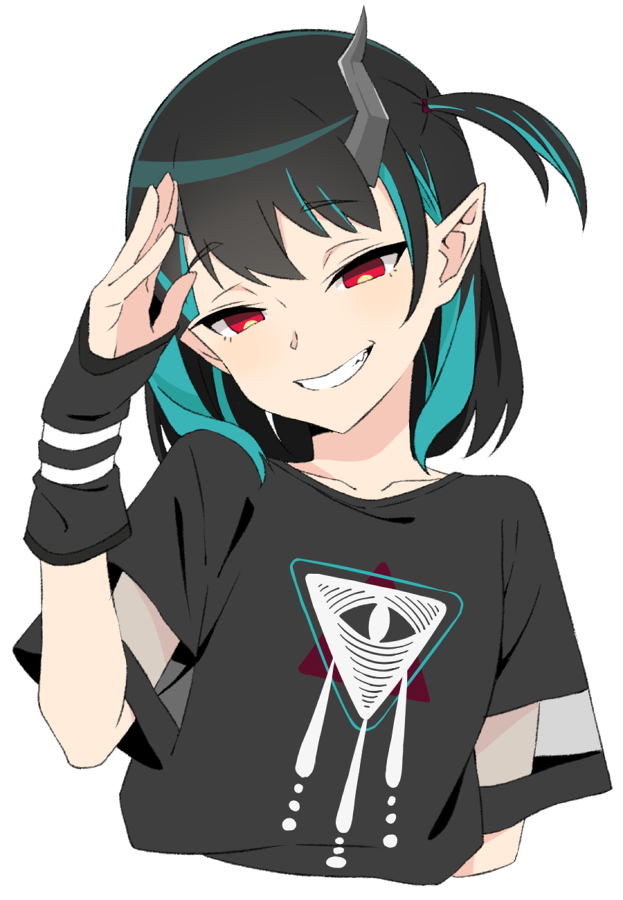 1girl akitetsu bangs black_hair black_shirt blue_hair demon_girl demon_horns eye_of_providence flat_chest grin horns looking_at_viewer medium_hair multicolored_hair official_alternate_costume one_side_up pointy_ears red_eyes shirt shishio_chris simple_background smile smug solo sugar_lyric transparent_background two-tone_hair upper_body virtual_youtuber