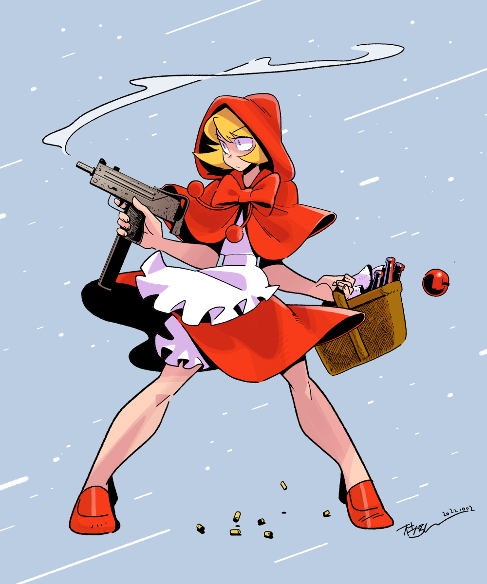 1girl apple apron basket blonde_hair bloomers bullet bulleta callan_(callancoe) capelet dress food fruit full_body gun highres holding holding_gun holding_weapon hood hood_up hooded_capelet red_capelet red_dress red_footwear red_hood short_hair signature simple_background smoke solo standing underwear vampire_(game) weapon white_apron white_bloomers