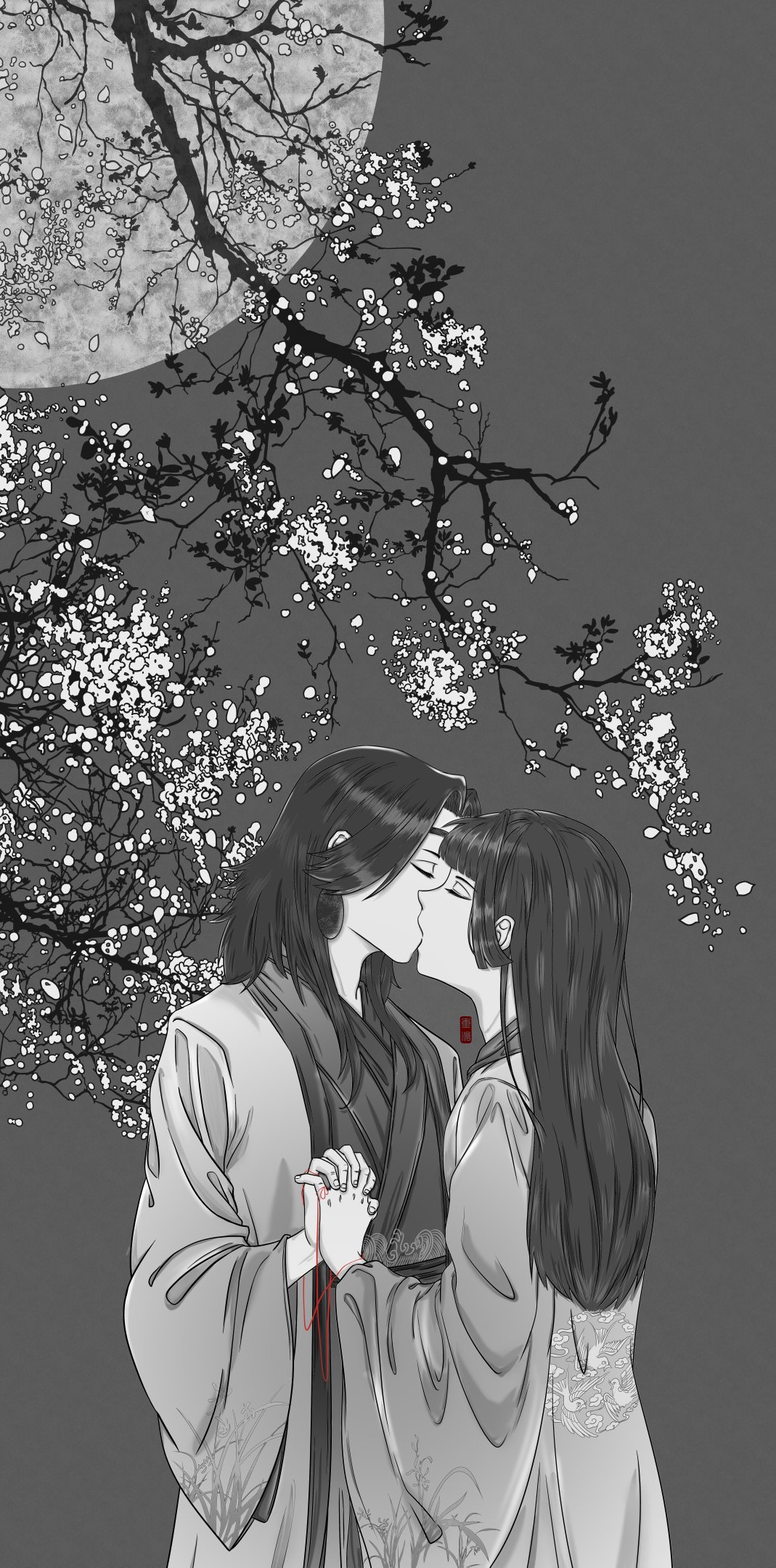 1boy 1girl black_hair branch chinese_clothes commentary_request greyscale highres holding_hands kiss lanxi_zhen laojun_(the_legend_of_luoxiaohei) li_qingning_(the_legend_of_luoxiaohei) long_hair long_sleeves lzgthcc monochrome moon profile robe the_legend_of_luo_xiaohei upper_body wide_sleeves