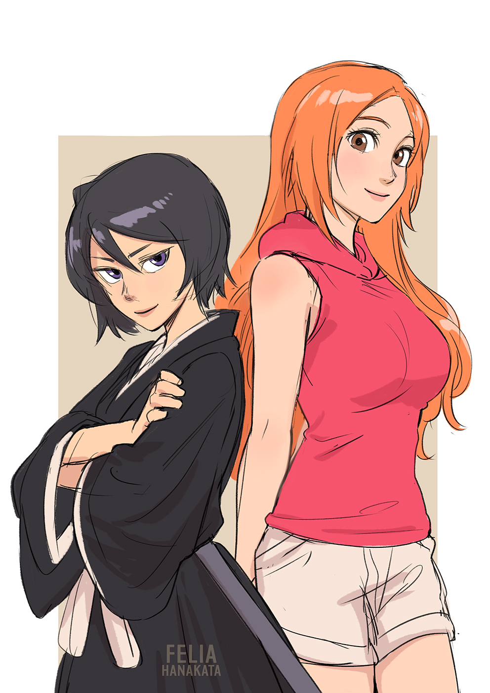 2girls artist_name back-to-back bangs bare_arms black_hair black_kimono bleach border breasts brown_background brown_eyes cowboy_shot crossed_arms felia_hanakata grey_eyes grey_shorts hair_between_eyes height_difference highres hood hood_down hoodie inoue_orihime japanese_clothes kimono kuchiki_rukia large_breasts long_hair looking_at_viewer multiple_girls orange_hair parted_bangs pink_hoodie short_hair shorts sleeveless sleeveless_hoodie smile