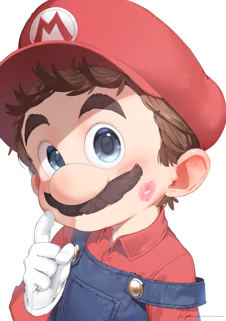 1boy blue_eyes brown_hair collared_shirt dress_shirt facial_hair gloves grey_background hand_up hat highres index_finger_raised lipstick_mark looking_at_viewer male_focus mario mustache overalls red_headwear red_shirt ryota_(ry_o_ta) shirt short_hair signature smile solo super_mario_bros. the_super_mario_bros._movie upper_body white_gloves