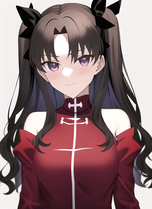 1girl ai-generated bangs bare_shoulders black_bow blush bow breasts brown_hair closed_mouth collar fate/stay_night fate_(series) hair_between_eyes hair_bow long_hair long_sleeves looking_at_viewer medium_breasts ornament red_eyes red_sweater smile solo sweater tohsaka_rin twintails user_zeni white_background