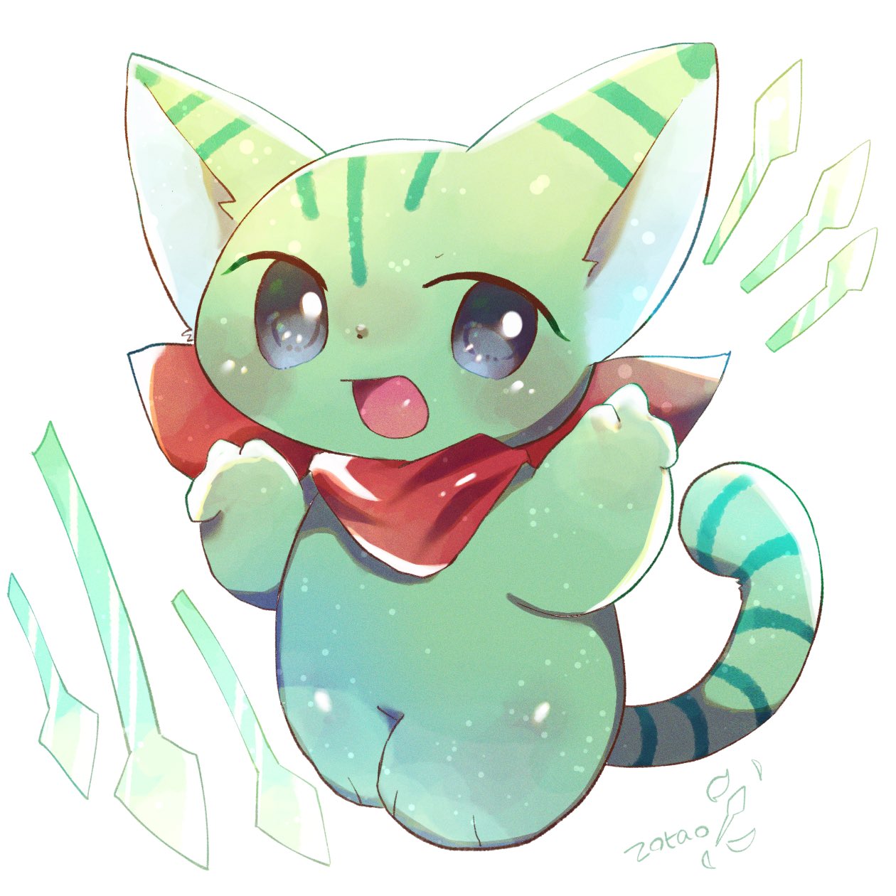 animal_ears cat cat_ears cat_tail chibi fur furry green_fur highres open_mouth original red_scarf scarf striped_tail tail zorao