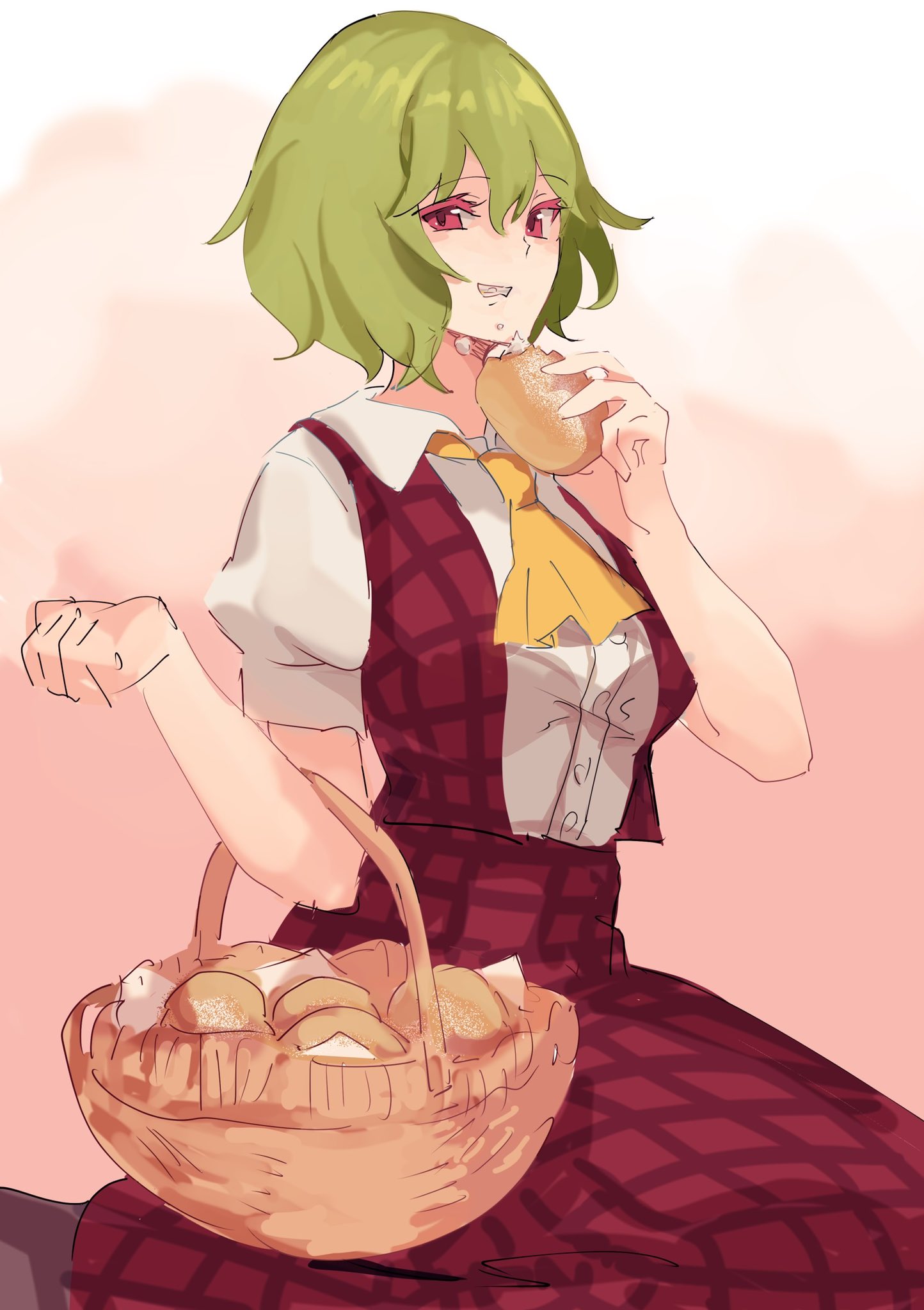 1girl ascot basket bread collared_shirt crumbs eating flower food green_hair highres holding holding_basket holding_food kazami_yuuka looking_at_viewer open_mouth plaid plaid_skirt plaid_vest red_eyes red_vest seiza shirt short_hair short_sleeves simple_background sitting skirt skirt_set solo tohoyuukarin touhou vest wavy_hair white_background white_shirt yellow_ascot