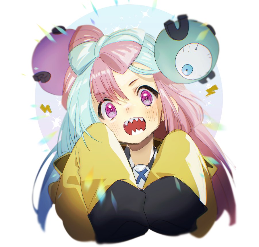 1girl :d bangs blurry blush commentary_request green_hair iono_(pokemon) jacket long_hair looking_at_viewer narita_imomushi open_mouth pokemon pokemon_(game) pokemon_sv purple_hair sharp_teeth sleeves_past_fingers sleeves_past_wrists smile solo teeth twintails upper_body violet_eyes yellow_jacket
