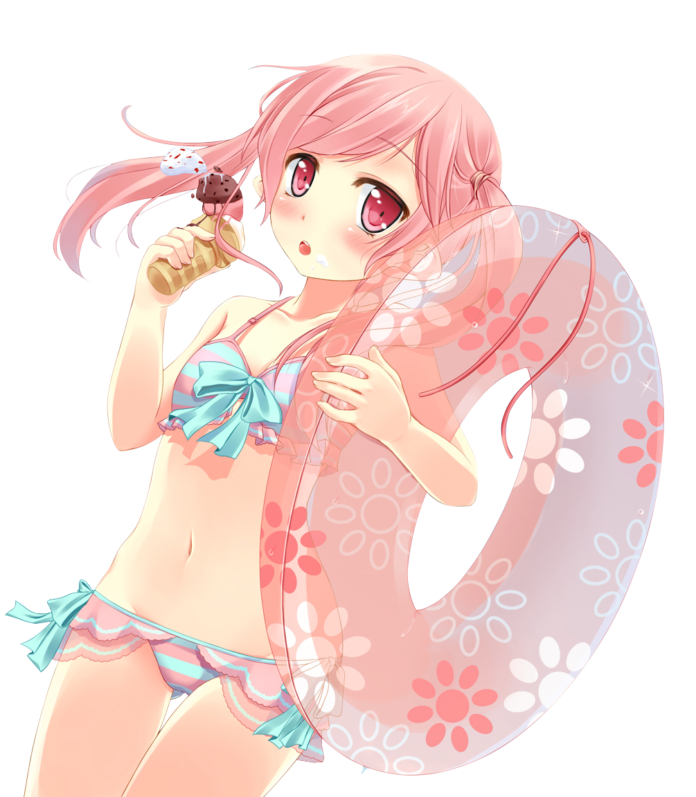 1girl artist_request bangs bikini blunt_bangs bow character_request copyright_request food frilled_bikini frills ice_cream innertube non-web_source pink_eyes pink_hair solo source_request swimsuit twintails upper_body