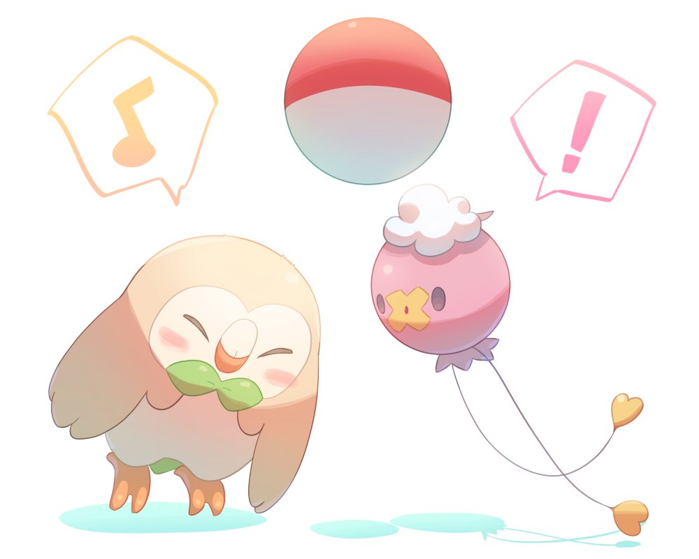 ! ball bird blush closed_eyes closed_mouth commentary_request drifloon mokukitusui musical_note no_humans owl pokemon pokemon_(creature) rowlet spoken_exclamation_mark spoken_musical_note white_background