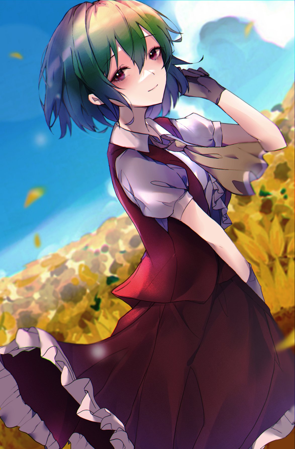1girl ascot black_gloves blue_sky closed_mouth dutch_angle field flower flower_field gloves green_hair highres kazami_yuuka krs_(kqrqsi) looking_at_viewer outdoors red_eyes red_skirt red_vest shirt short_hair short_sleeves skirt sky smile solo touhou vest white_shirt yellow_ascot