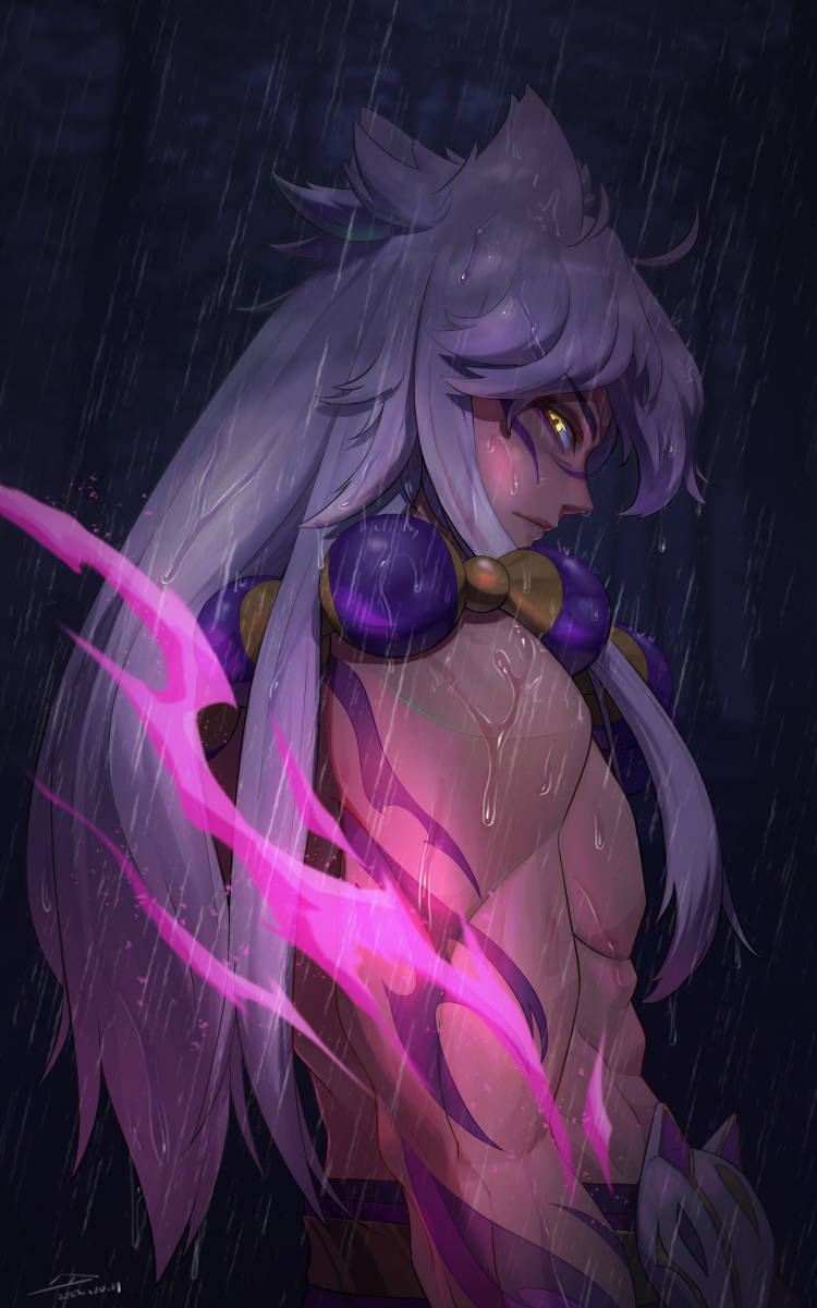 1boy arm_tattoo bangs bead_necklace beads fox_mask from_side grey_hair highres jewelry league_of_legends long_hair male_focus maoge mask mask_removed muscular muscular_male necklace rain sett_(league_of_legends) shiny shiny_hair solo spirit_blossom_sett tattoo upper_body yellow_eyes
